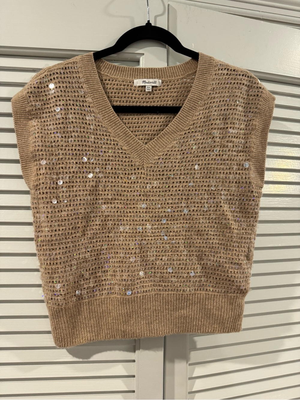 Madewell Sequin-Embellished V-Neck Sweater Vest in Camel